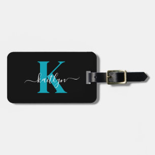 Etiqueta Para Maletas Monograma de letra script moderna negro teal