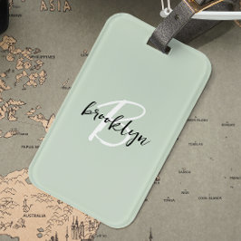 Etiqueta Para Maletas Monograma de letra script verde sage de moda blanc