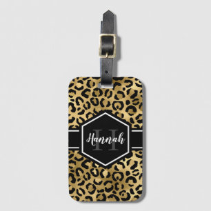 Etiqueta Para Maletas Monograma de lugares de leopardo negro dorado