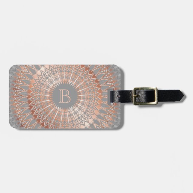 Etiqueta Para Maletas Monograma de Mandala gris dorado Rosa (Frente Horizontal)