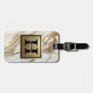 Etiqueta Para Maletas Monograma de mármol blanco y dorado personalizado