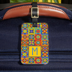 Etiqueta Para Maletas Monograma de mosaico geométrico brillante y colori