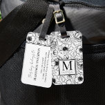 Etiqueta Para Maletas Monograma de nombre blanco negro floral elegante<br><div class="desc">Actualice su estilo de viaje con esta etiqueta para el equipaje de moda que presenta un diseño floral y botánico moderno en blanco y negro. El frontal muestra un audaz monograma inicial serif combinado con tu primer nombre en una tipografía de escritura elegante, creando un estilo sofisticado. En la parte...</div>