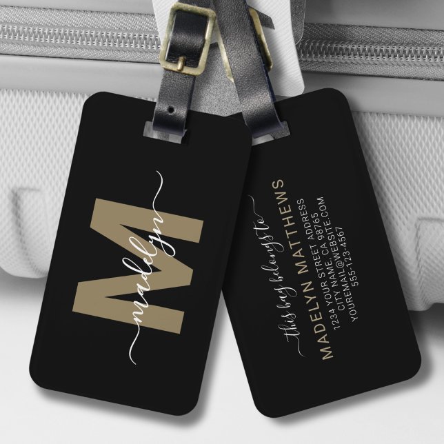 Etiqueta Para Maletas Monograma de nombre dorado negro (Stylish Elegant Black Gold Script Name Monogram Luggage Tag)