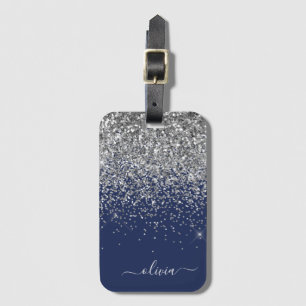 Etiqueta Para Maletas Monograma de nombre glitter azul marino plateado f