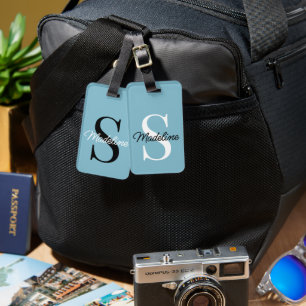 Etiqueta Para Maletas Monograma de nombre personalizado en azul teal pas