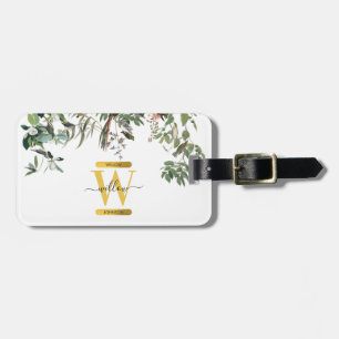 Etiqueta Para Maletas Monograma de oro Elegante Eucalyptus Verdor y Aves