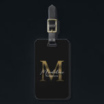 Etiqueta Para Maletas Monograma de oro metálico negro con guión minimali<br><div class="desc">Etiqueta de portaequipajes de monograma de oro metálico negro con escritura minimalista</div>