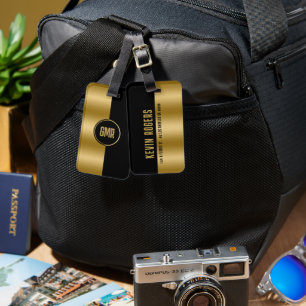 Etiqueta Para Maletas Monograma de oro y banda negra geométrico moderno 