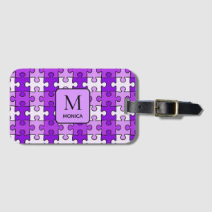 Etiqueta Para Maletas Monograma de piezas de rompecabezas violetas moder