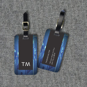 Etiqueta Para Maletas Monograma de placa de circuito azul negro simple