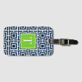 Etiqueta Para Maletas Monograma de rejilla cuadrada Preppy – Azul marino