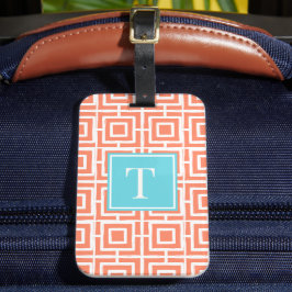 Etiqueta Para Maletas Monograma de rejilla cuadrada Preppy - Coral y Tur