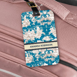 Etiqueta Para Maletas Monograma de tela azul turquesa de jouy