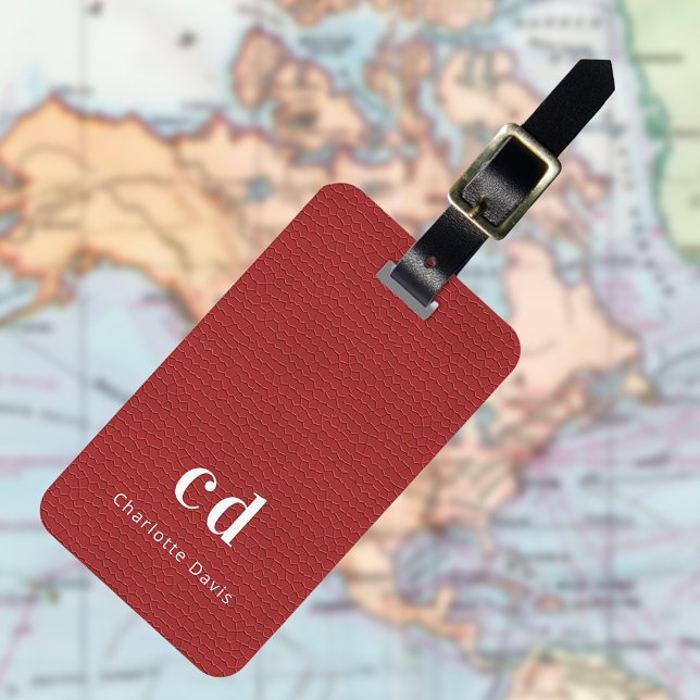 Etiqueta Para Maletas Monograma de textura de cuero rojo (Subido por el creador)