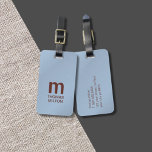 Etiqueta Para Maletas Monograma de textura simple azul marrón<br><div class="desc">Elegante etiqueta para el equipaje de personalizable con anillas de negrita marrón castaño y fondo azul textura.</div>
