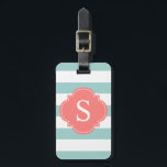 Etiqueta Para Maletas Monograma de tiras de mint. y corales<br><div class="desc">La etiqueta de equipaje de diseño elegante y estilizado presenta un patrón de franjas tiernas y puede personalizarse con sus iniciales,  nombre e información de monograma.</div>