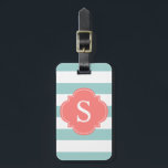 Etiqueta Para Maletas Monograma de tiras de mint. y corales<br><div class="desc">La etiqueta de equipaje de diseño elegante y estilizado presenta un patrón de franjas tiernas y puede personalizarse con sus iniciales,  nombre e información de monograma.</div>