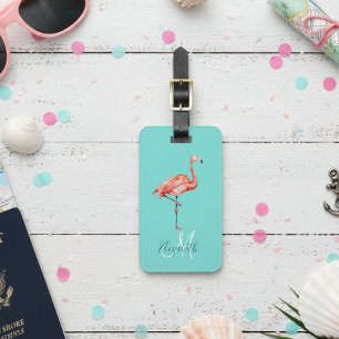 Etiqueta Para Maletas Monograma de verano Flamingo Turquoise Trendy
