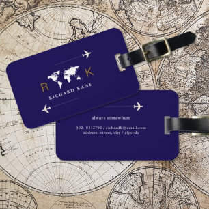 Etiqueta Para Maletas Monograma de viajes internacionales azul oscuro