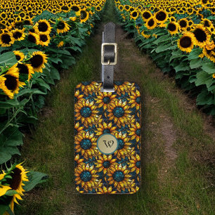 Etiqueta Para Maletas Monograma de vidrio manchado de girasol dorado y V