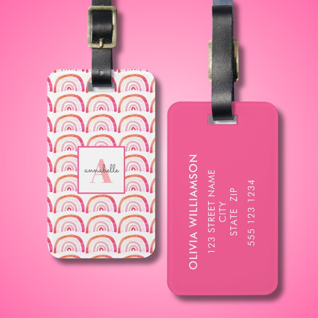 Etiqueta Para Maletas Monograma del arcoiris rosa inicial (Cute rainbow, personalized monogram luggage tag. )
