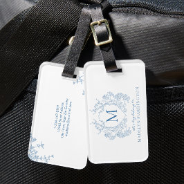 Etiqueta Para Maletas Monograma del Escudo floral azul clásico francés