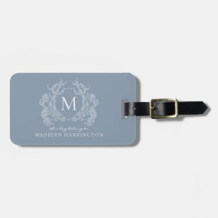 Etiqueta Para Maletas Monograma del Escudo Floral Azul Dusto clásico