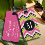 Etiqueta Para Maletas Monograma del patrón de cheurón rosa, limón y negr<br><div class="desc">Un diseño de zag en zig,  atrevido y gráfico,  en colores frescos y alegres. Llamo a esto Chevrons de Flamingo por los colores verde y magenta coloridos. Si necesita ajustar los monogramas,  haga clic en el botón personalizar y realice cambios.</div>