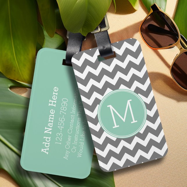 Etiqueta Para Maletas Monograma del Personalizado de Chevrras verdes de  (Personalized luggage tag - Add Your contact information and monogram)