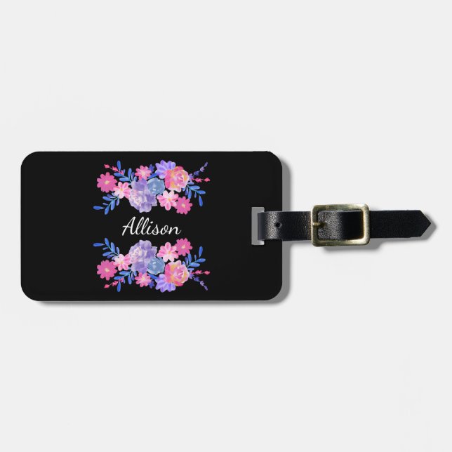 Etiqueta Para Maletas Monograma del Personalizado de flores negras (Frente Horizontal)
