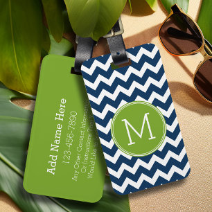 Etiqueta Para Maletas Monograma del Personalizado de los Chevrons azul y