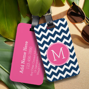 Etiqueta Para Maletas Monograma del Personalizado de los chevrons azul y