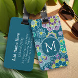 Etiqueta Para Maletas Monograma del Personalizado del patrón floral azul<br><div class="desc">Morado,  Verde azulado y verde limón - Un diseño de flores divertida y gráfica en colores frescos y alegres. Si necesita ajustar los monogramas,  haga clic en el botón personalizar y realice cambios.</div>
