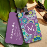 Etiqueta Para Maletas Monograma del Personalizado del patrón floral púrp<br><div class="desc">Morado,  Verde azulado y verde limón - Un diseño de flores divertida y gráfica en colores frescos y alegres. Si necesita ajustar los monogramas,  haga clic en el botón personalizar y realice cambios.</div>