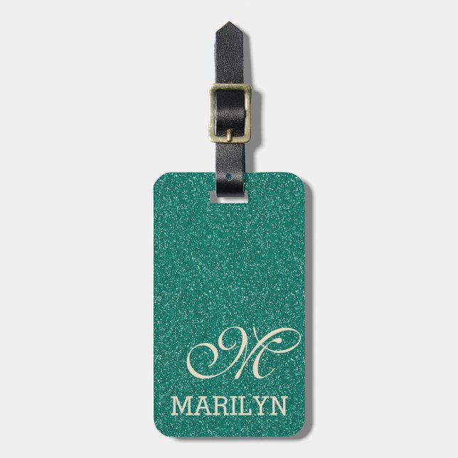 Etiqueta Para Maletas Monograma del Purpurina verde esmeralda marfil Per (Frente Vertical)