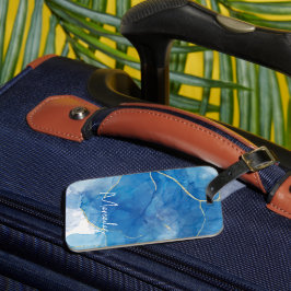 Etiqueta Para Maletas Monograma del resumen de mármol azul y blanco agri