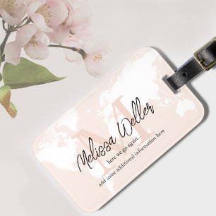 Etiqueta Para Maletas Monograma del viajero del Rosa Rubor Pale Map Worl