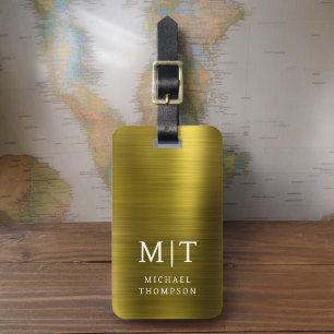 Etiqueta Para Maletas Monograma dorado cepillado metálico elegante