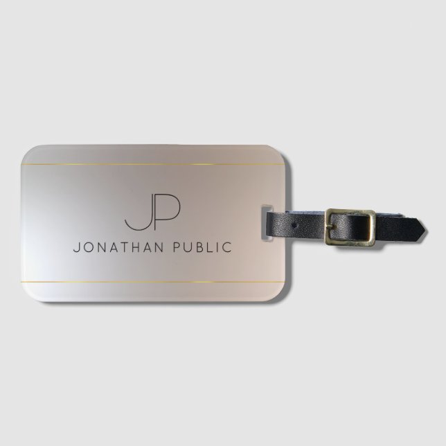 Etiqueta Para Maletas Monograma Dorado Plata Aspecto Elegante Plantilla  (Anverso horizontal)