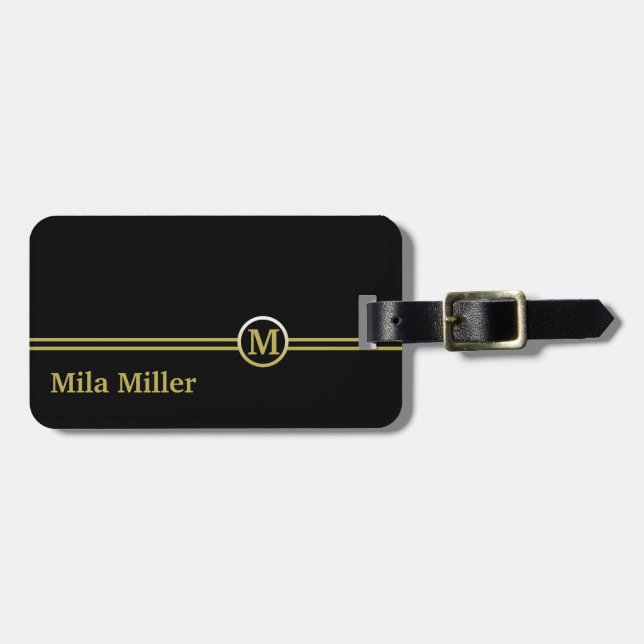 Etiqueta Para Maletas Monograma dorado sobre fondo negro (Frente Horizontal)