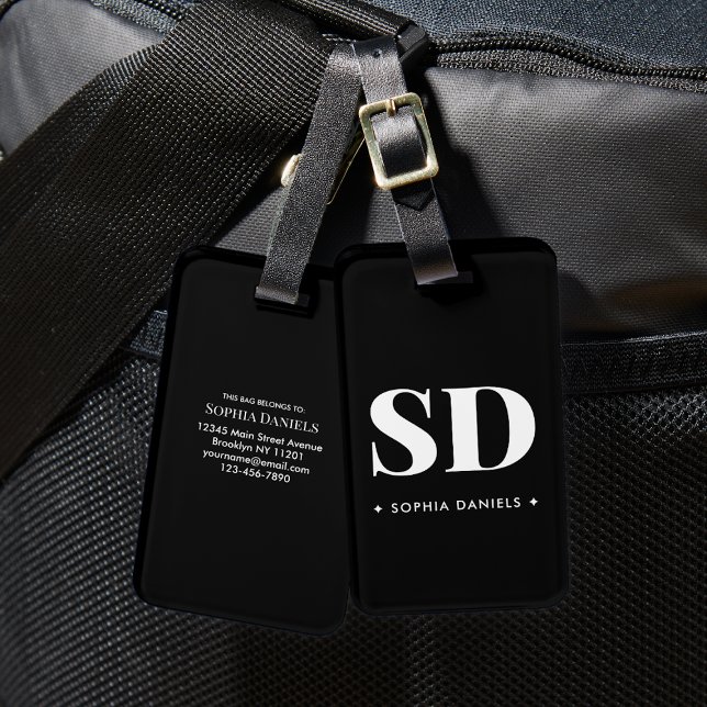 Etiqueta Para Maletas Monograma dos retro inicial elegante blanco negro (Subido por el creador)