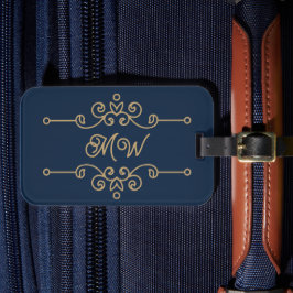 Etiqueta Para Maletas Monograma elegante azul marino y oro vintage