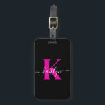 Etiqueta Para Maletas Monograma elegante de escritura rosada caliente ne<br><div class="desc">Esta sencilla y elegante etiqueta para el equipaje negro con tu nombre en una fuente de escritura a la moda en blanco tecleada sobre tu primera inicial en un moderno tipo de letra de tapa en rosa caliente por un lado y una diapositiva en la tarjeta para tu nombre, dirección...</div>