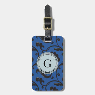 Etiqueta Para Maletas Monograma elegante de estampado floral azul