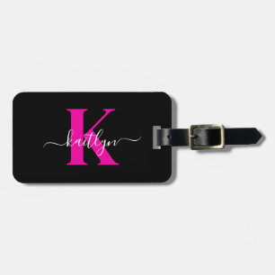 Etiqueta Para Maletas Monograma Elegante de Negro y Rosa Caliente en Let