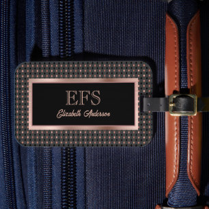 Etiqueta Para Maletas Monograma elegante de oro negro y cobre Rosa