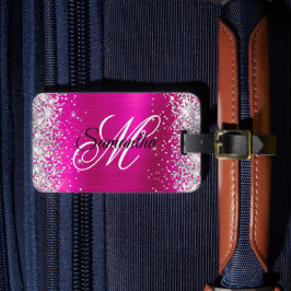 Etiqueta Para Maletas Monograma elegante de purpurina plateada y rosa ca