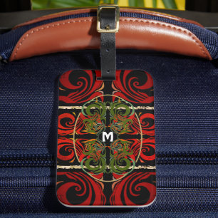 Etiqueta Para Maletas Monograma elegante del patrón rojo y verde