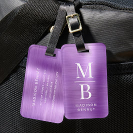 Etiqueta Para Maletas Monograma Elegante Morado Metálico Pulido